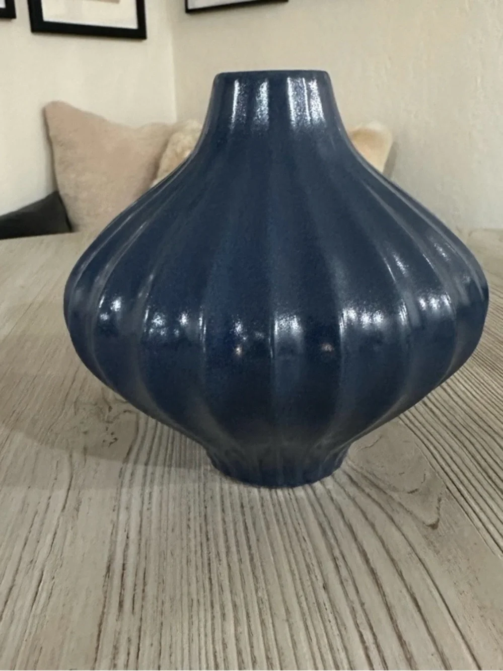 Jonathan Adler 6” Squash Vase Blue Ribbed Ceramic Vase - Decorative Home Accent